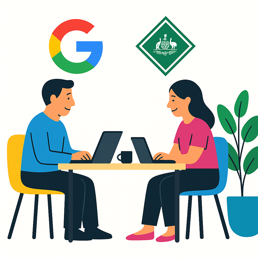 Flat digital illustration of a person working on a laptop at a white desk with ASIC and Google logos on the screen, a coffee cup and plant beside them — Salt Space Coworking Brisbane style.